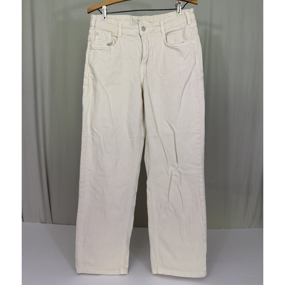 Anthropologie Pilcro Off-White Wide-Leg Jeans Sz 27 Distressed Effortless Chic